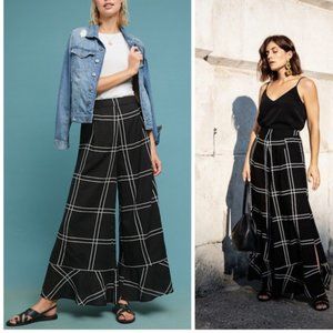 ANTHROPOLOGIE SANCIA Violeta Windowpane Plaid Wide Leg Pants ruffle medium